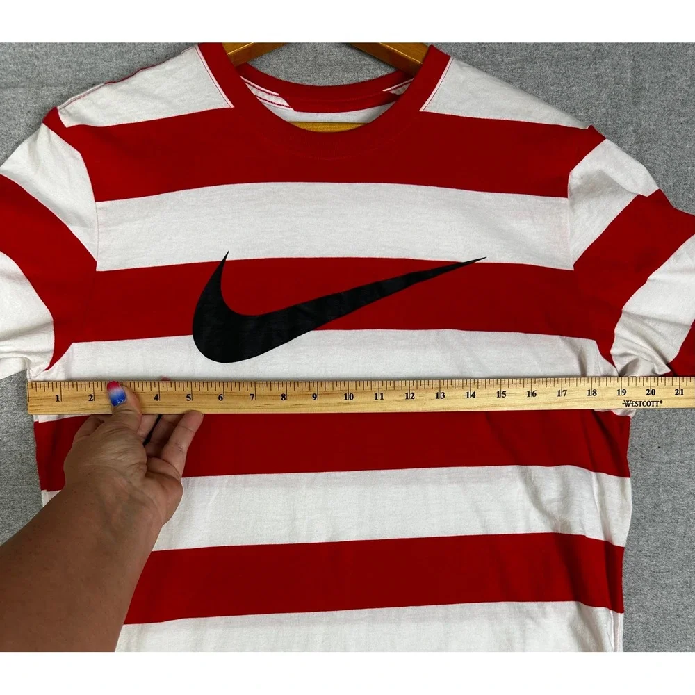 Nike Tee Mens Medium Red White Block Striped Big Double Swoosh Graphic T Shirt